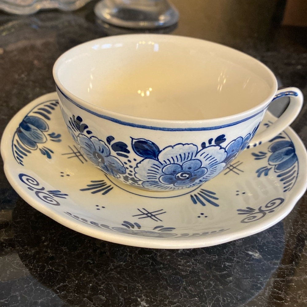 Delfts Blauw Royal Goedewaagen Floral Blue & White Tea Cup and Saucer. Vintage